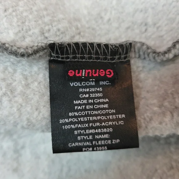 VOLCOM Hoodie Grey Zip Up Faux Fur Size Large - Picture 10 of 10